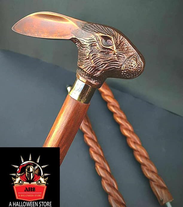 Copper Antique Bunny Head Handle Metal Jackrabbits Foldable Brown Spiral Rope Style Wooden Cane Walking Stick Ideal Vintage Gift for Men Women Grandfather/Grandmother