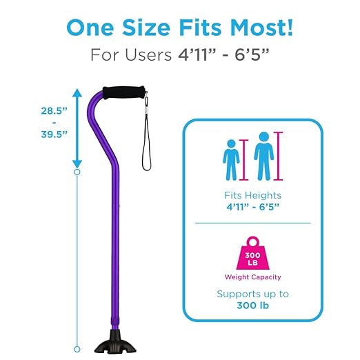 Nova Joy Designer Offset Quad Cane for Seniors - Unisex Adjustable Lightweight Walking Aid with Foam Handle, Wrist Strap and Anti-Rattle Lock - Essential Mobility Support - Purple