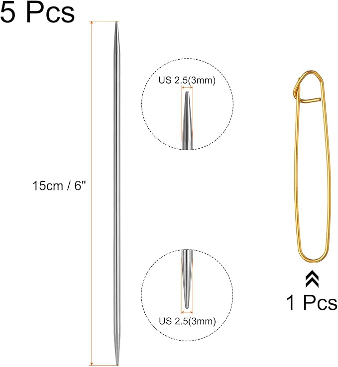 uxcell 5Pcs Knitting Needle Size US 2.5(3mm) Diameter 6 Inches (15cm) Length Stainless Steel Double Pointed Sweater Stitching Needles with Stitch Holder for Handmade Projects DIY