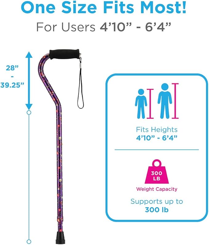 Nova Joy Designer Offset Walking Cane for Seniors - Unisex Adjustable Lightweight Aid with Foam Handle, Wrist Strap and Anti-Rattle Lock - Essential Mobility Support - Purple Bliss