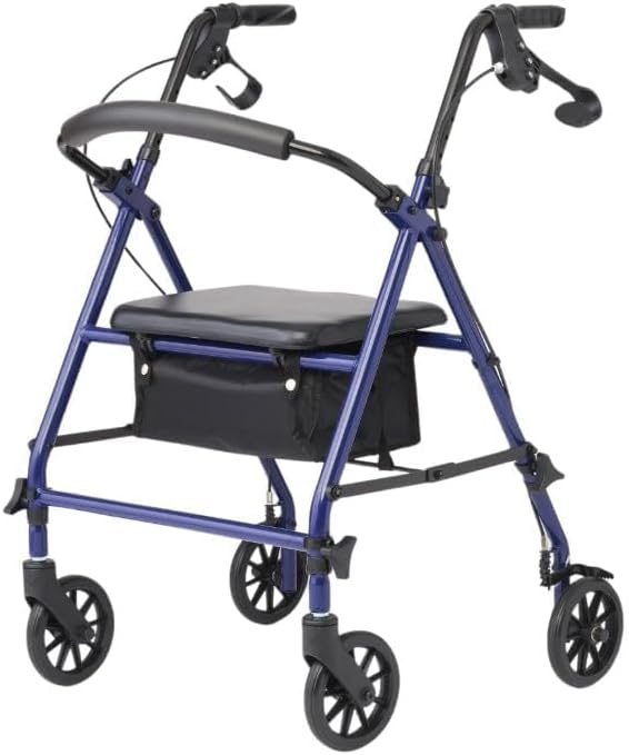 Caring 4-Wheel Rollator Walker for Seniors – Blue Rolling Walker with Seat, Hand Brakes & Storage – Heavy Duty Frame Supports 350 lbs – Foldable Mobility Aid
