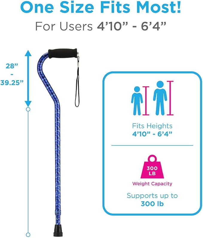 Nova Joy Designer Offset Walking Cane for Seniors - Unisex Adjustable Lightweight Aid with Foam Handle, Wrist Strap and Anti-Rattle Lock - Essential Mobility Support - Blue Waves