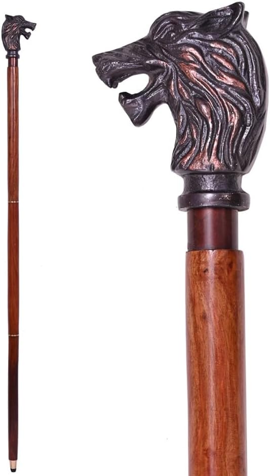 Handmade Vintage Walking Cane Wooden Walking Stick with Antique Wolf Head Handle Gift for Men & Women