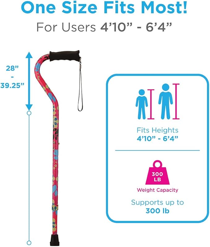 Nova Joy Designer Offset Walking Cane for Seniors - Unisex Adjustable Lightweight Aid with Foam Handle, Wrist Strap and Anti-Rattle Lock - Essential Mobility Support - Flower Power
