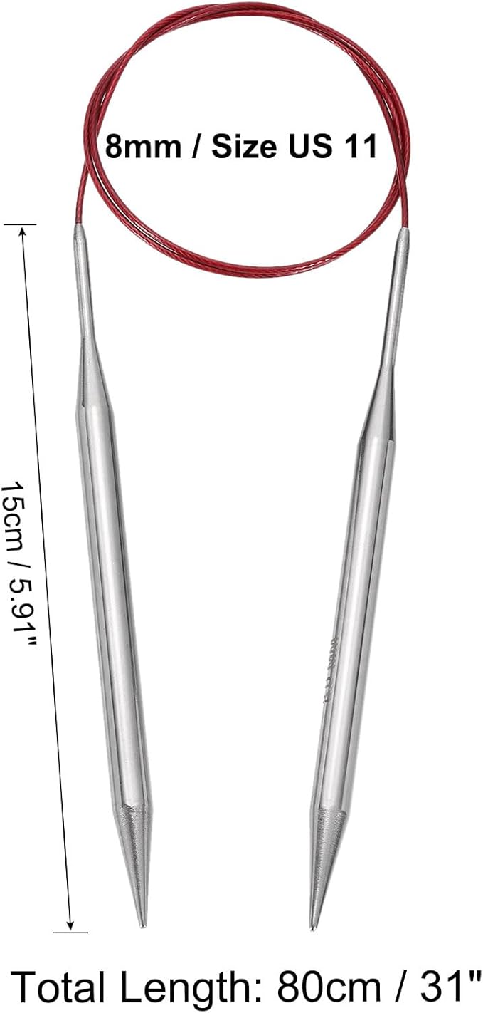 uxcell Size US 11 (8mm) Knitting Needles Circular Needle 31 Inch(80cm) Round Metal Stainless Steel Needle for Handmade Projects DIY Knitting Red