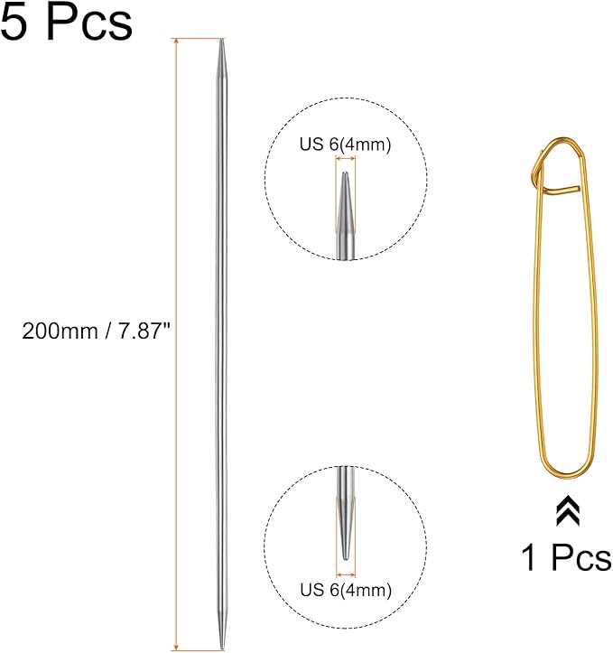 uxcell 5Pcs US 6(4mm) Double Pointed Knitting Needle 7.87 Inches Length Stainless Steel Sweater Stitching Needles with Stitch Holder for Handmade Projects DIY Knitting