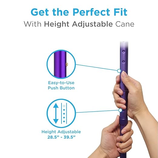 Nova Joy Designer Offset Quad Cane for Seniors - Unisex Adjustable Lightweight Walking Aid with Foam Handle, Wrist Strap and Anti-Rattle Lock - Essential Mobility Support - Purple