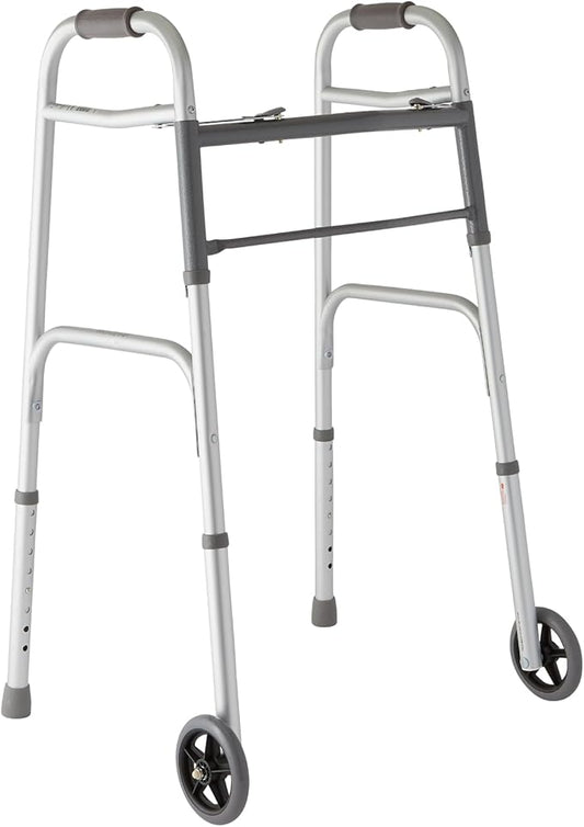 Medline Lightweight Two Button Folding Walker with 5" Wheels, Aluminum Frame Supports up to 300 lbs