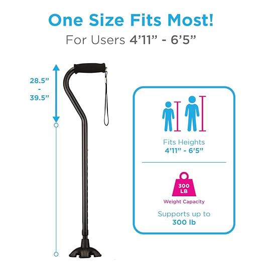 Nova Joy Designer Offset Quad Cane for Seniors - Unisex Adjustable Lightweight Walking Aid with Foam Handle, Wrist Strap and Anti-Rattle Lock - Essential Mobility Support - Black