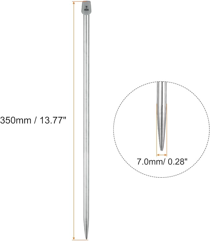 uxcell 2Pcs 7mm Single Pointed Knitting Needles Stainless Steel 13.8 Inches Length Metal Weaving Tool for Handmade Projects DIY Knitting