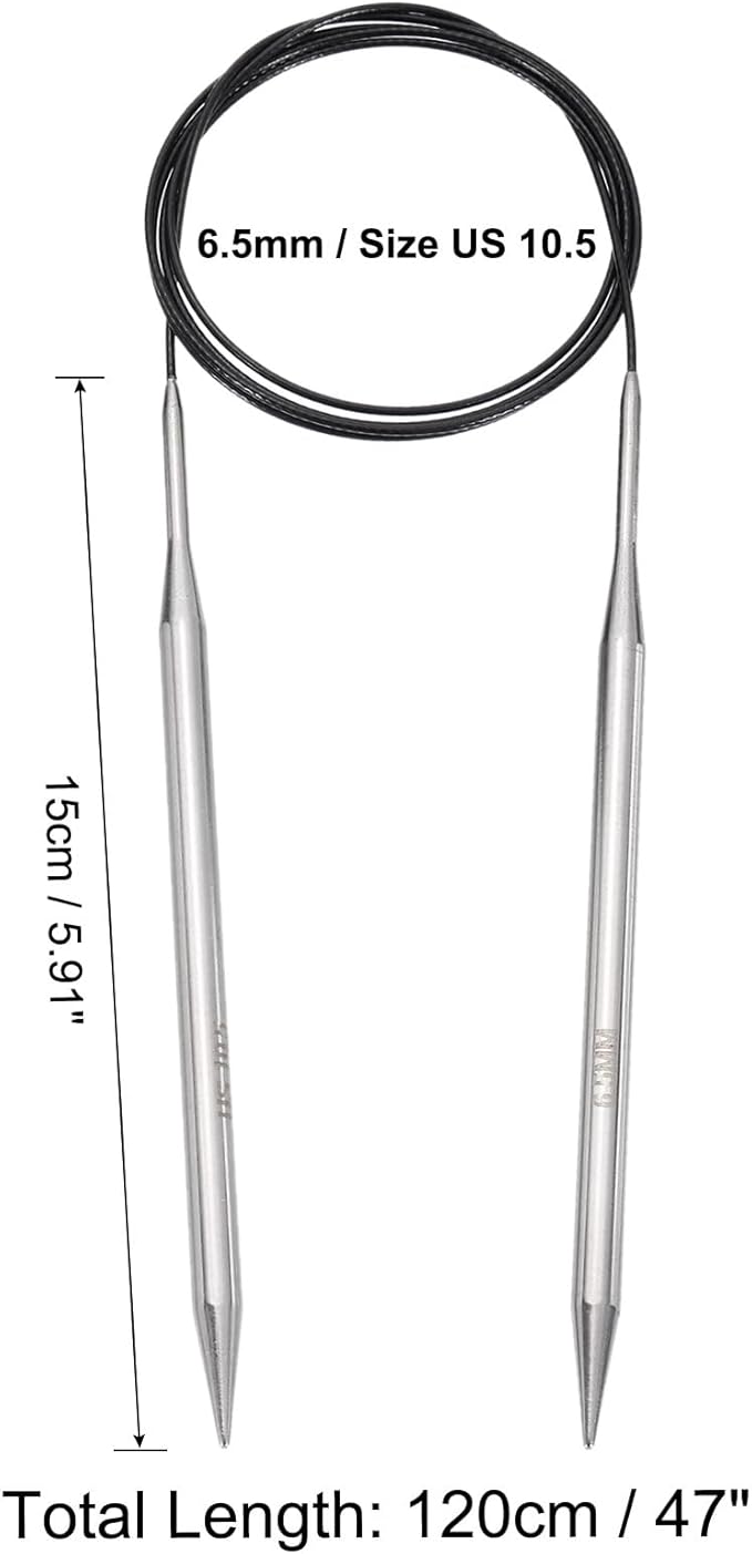 uxcell Size US 10.5 (6.5mm) Knitting Needles Circular Needle 47 Inch(120cm) Round Metal Stainless Steel Needle for Handmade Projects DIY Knitting Black