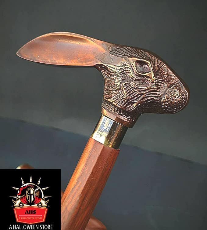 Copper Antique Bunny Head Handle Metal Jackrabbits Foldable Brown Spiral Rope Style Wooden Cane Walking Stick Ideal Vintage Gift for Men Women Grandfather/Grandmother