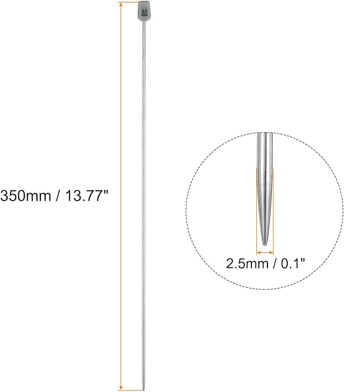 uxcell 2Pcs 2.5mm(C) Single Pointed Knitting Needles Stainless Steel 13.8 Inches Length Metal Weaving Tool for Handmade Projects DIY Knitting