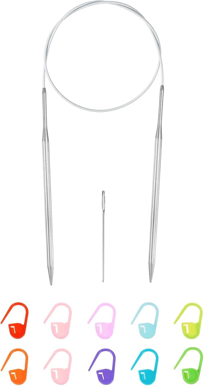 uxcell 8 Gauge Knitting Circular Needle 26 Inch(65cm) Metal Round Stainless Steel Needle with Large Eye Sewing & Stitch Markers for Handmade Projects DIY Knit Blankets
