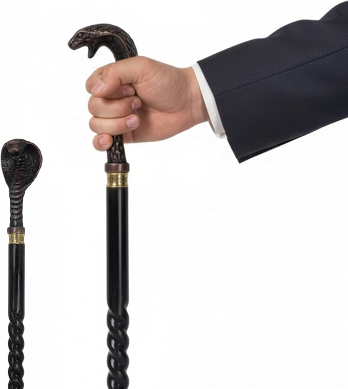 All Black Snake Handle Spiral Wooden Walking Cane