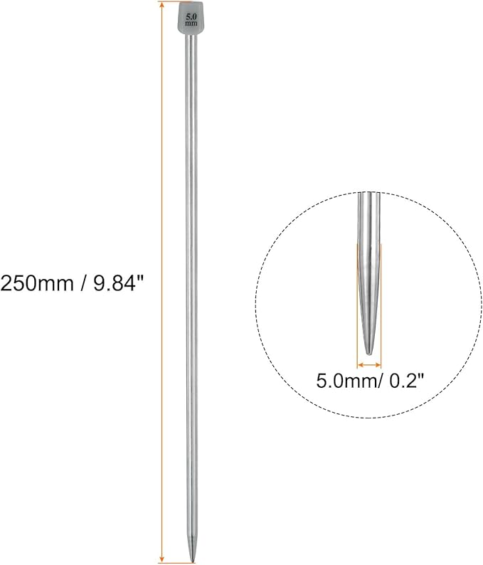 uxcell 4Pcs 5mm(H) Single Pointed Knitting Needles Stainless Steel 9.84 Inches Length Metal Weaving Tool for Handmade Projects DIY Knitting