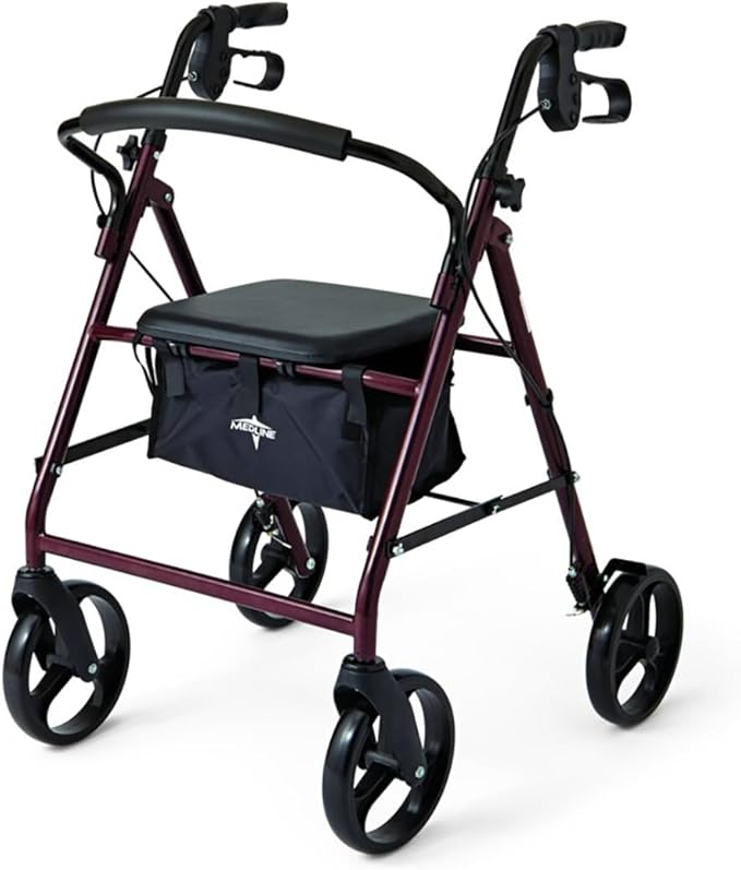 Medline Steel Rollator Walker for Adult Mobility Impairment, Burgundy, 350 lb. Weight Capacity, 8” Wheels, Foldable, Adjustable Handles, Rolling Walker for Seniors