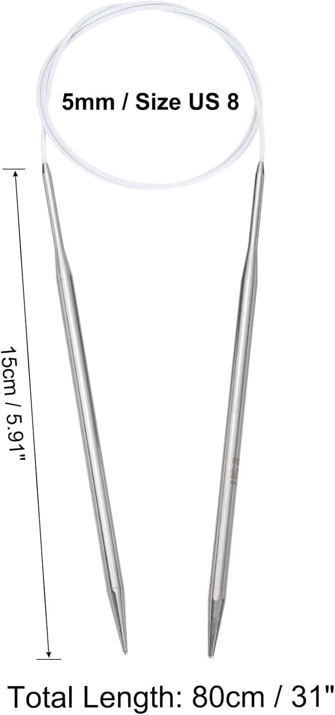 uxcell Size US 8 (5mm) Knitting Needles Circular Needle 31 Inch(80cm) Round Metal Stainless Steel Needle for Handmade Projects DIY Knitting White