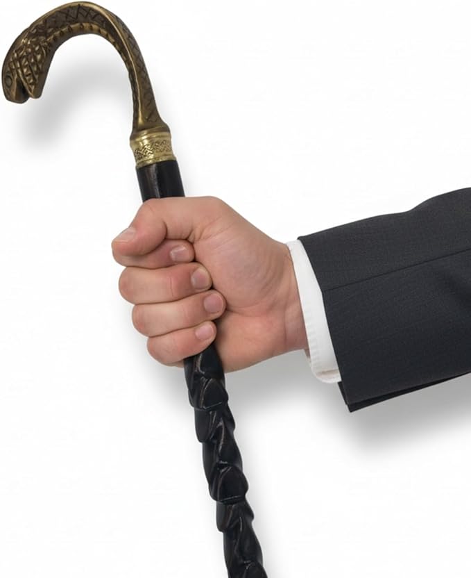 All Black Snake Handle Spiral Wooden Walking Cane