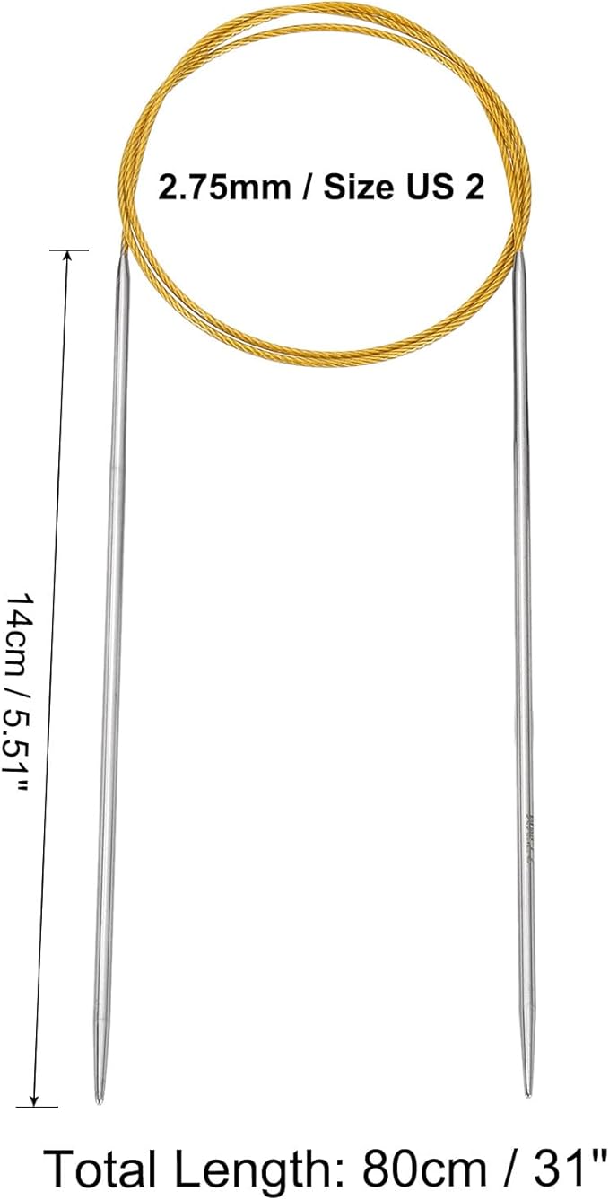 uxcell Size US 2 (2.75mm) Knitting Needles Circular Needle 31 Inch(80cm) Round Metal Stainless Steel Needle for Handmade Projects DIY Knitting Yellow