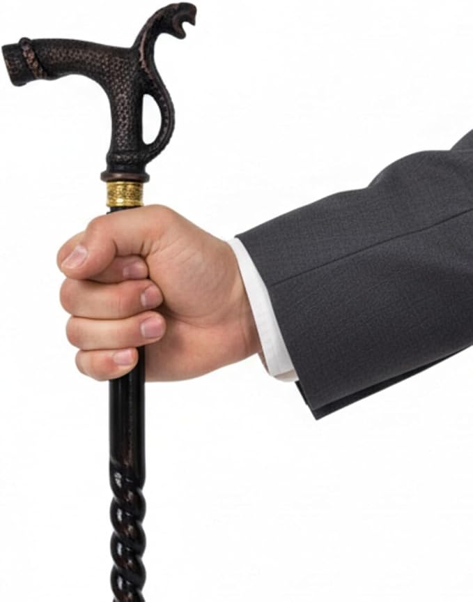 All Black Snake Handle Spiral Wooden Walking Cane