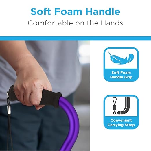 Nova Joy Designer Offset Quad Cane for Seniors - Unisex Adjustable Lightweight Walking Aid with Foam Handle, Wrist Strap and Anti-Rattle Lock - Essential Mobility Support - Purple