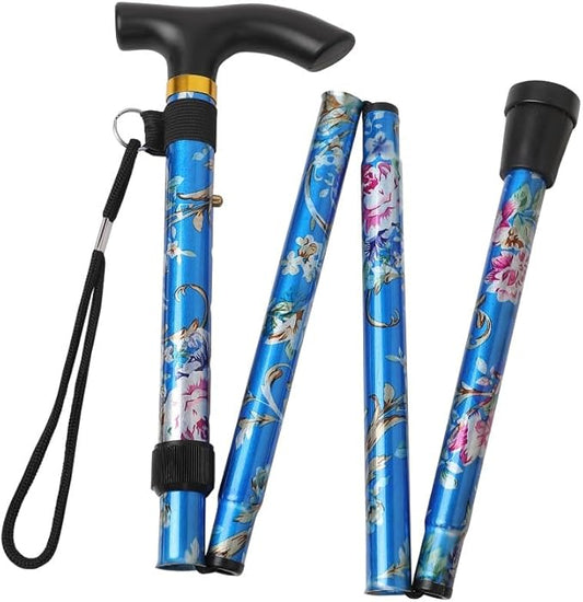Folding Lightweight Walking Stick - Adjustable Aluminum Metal Collapsible Travel Cane with Non-Slip Rubber Base