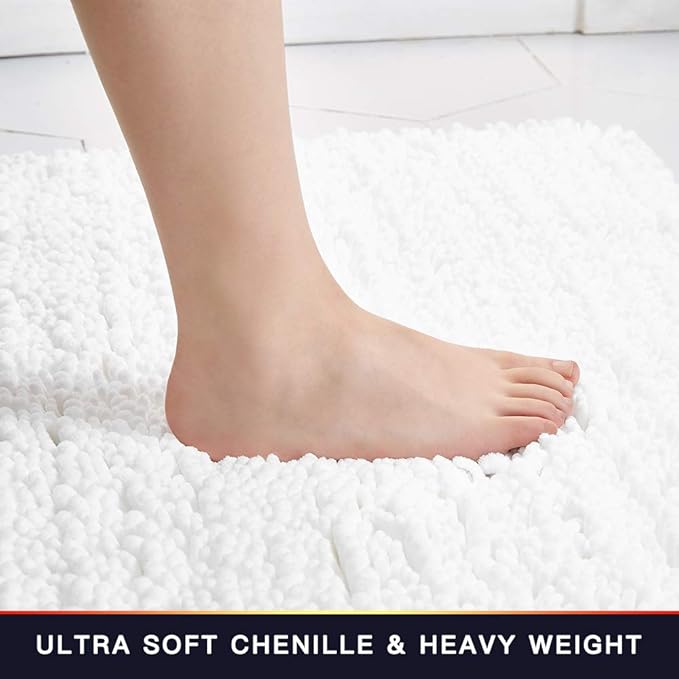 Walensee Bathroom Rug Non Slip Bath Mat (36x24 Inch White) Water Absorbent Super Soft Shaggy Chenille Machine Washable Dry Extra Thick Perfect Absorbant Best Large Plush Carpet for Shower Floor