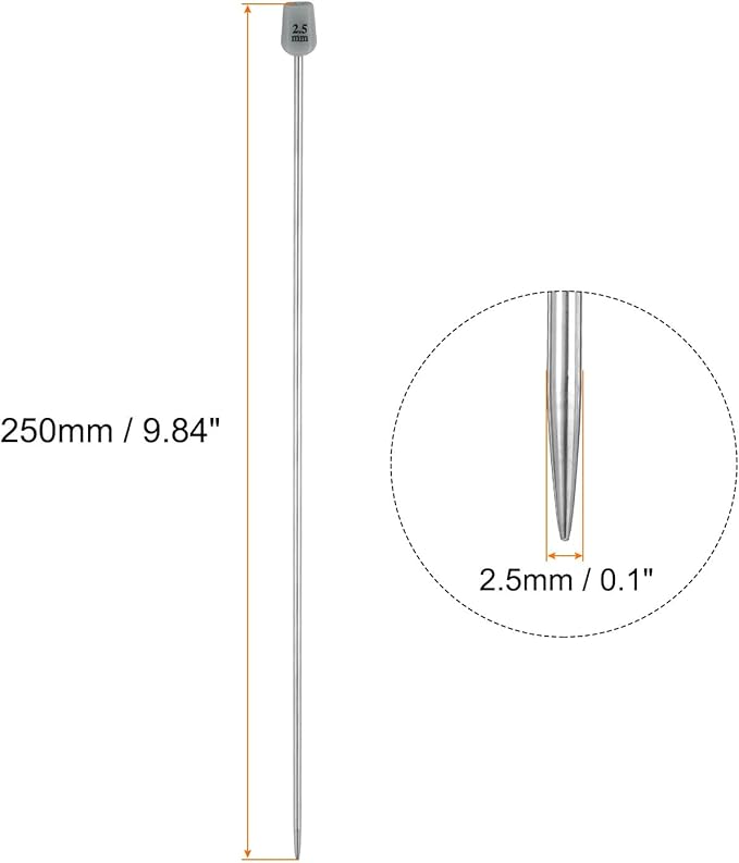 uxcell 4Pcs 2.5mm(C) Single Pointed Knitting Needles Stainless Steel 9.84 Inches Length Metal Weaving Tool for Handmade Projects DIY Knitting