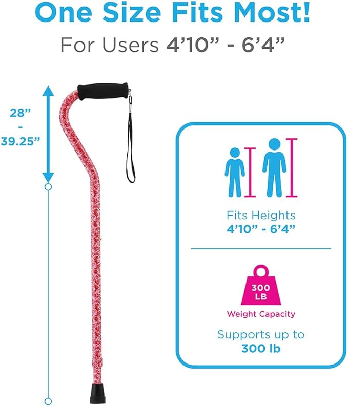 Nova Joy Designer Offset Walking Cane for Seniors - Unisex Adjustable Lightweight Aid with Foam Handle, Wrist Strap and Anti-Rattle Lock - Essential Mobility Support - Roses