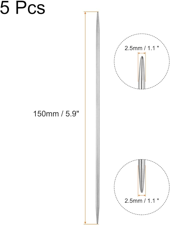 uxcell 5Pcs Knitting Needle 2.5mm Diameter 5.9 Inches Length Stainless Steel Double Pointed Sweater Stitching Needles for Handmade Projects DIY Knitting