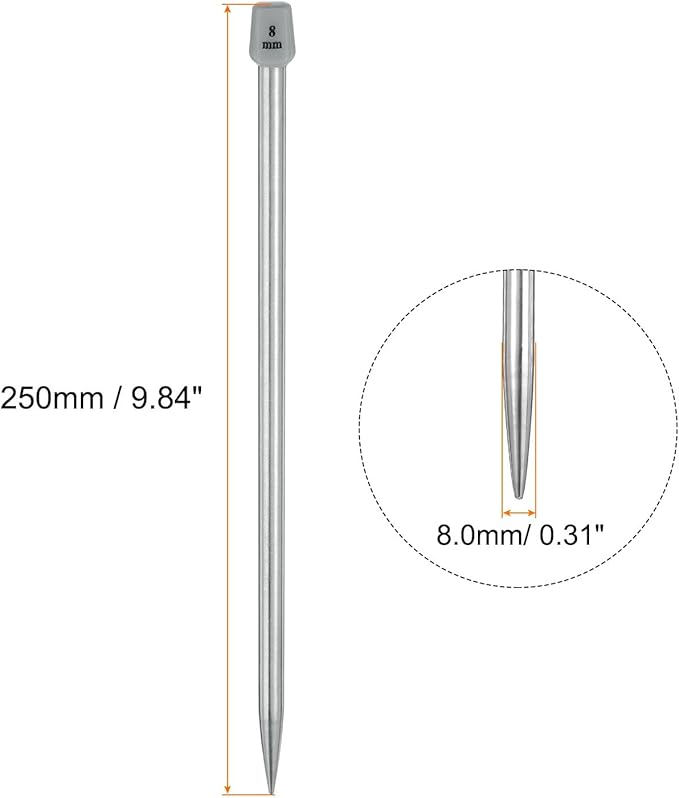 uxcell 2Pcs 8mm(L) Single Pointed Knitting Needles Stainless Steel 9.84 Inches Length Metal Weaving Tool for Handmade Projects DIY Knitting