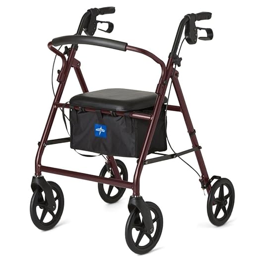 Medline Aluminum Rollator Walker with Seat, Folding Mobility Rolling Walker has 8 inch Wheels, Burgundy