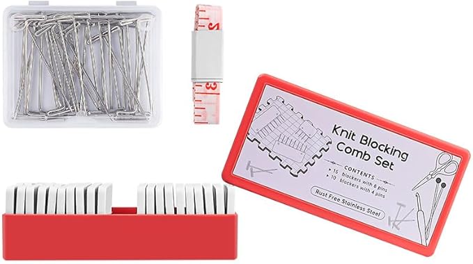 Mevome 25pcs Knit Blocking Pins Kit, White Blockers Combs 100 T-pins & Ruler for Knitting Crochet Projects Lace Needlework Block Tool for Blocking Mats Boards Accessories Device (White)