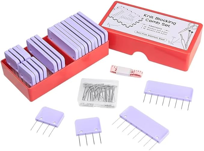 Mevome 25pcs Knit Blocking Pins Kit, White Blockers Combs 100 T-pins & Ruler for Knitting Crochet Projects Lace Needlework Block Tool for Blocking Mats Boards Accessories Device (Purple)