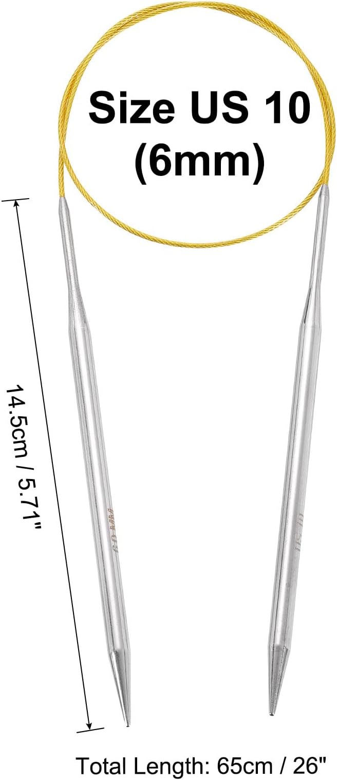 uxcell Size US 10 (6mm) Knitting Needles Circular Needle 26 Inch(65cm) Round Metal Stainless Steel Needle for Handmade Projects DIY Knitting Yellow