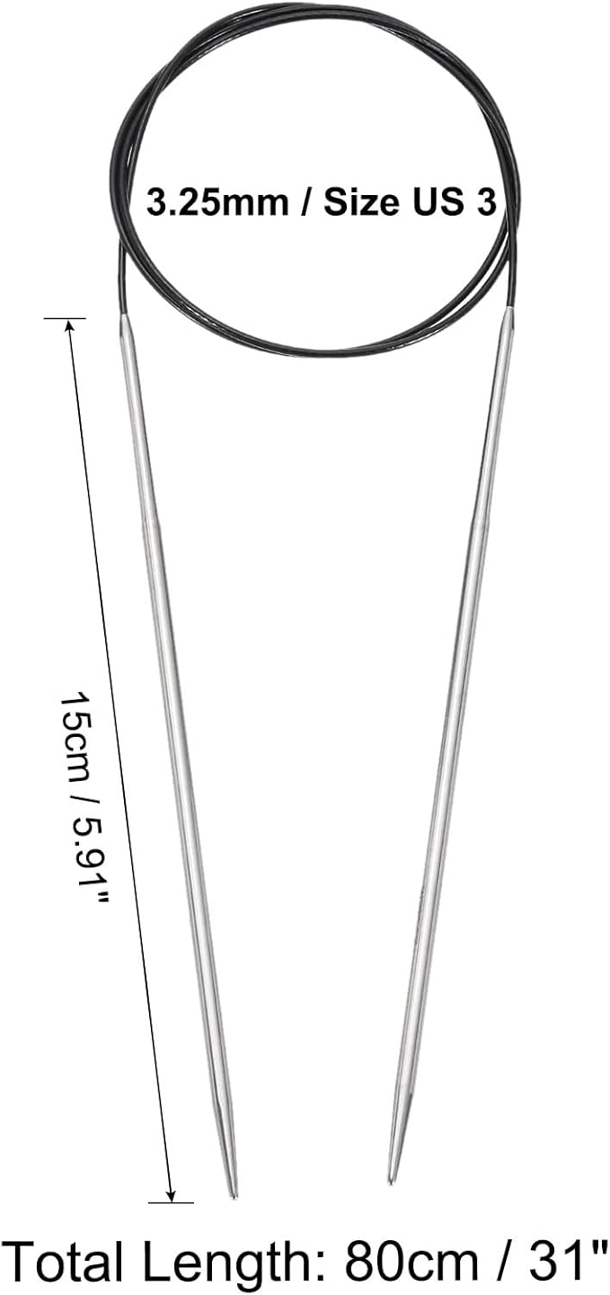 uxcell Size US 3 (3.25mm) Knitting Needles Circular Needle 31 Inch(80cm) Round Metal Stainless Steel Needle for Handmade Projects DIY Knitting Black