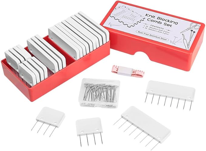 Mevome 25pcs Knit Blocking Pins Kit, White Blockers Combs 100 T-pins & Ruler for Knitting Crochet Projects Lace Needlework Block Tool for Blocking Mats Boards Accessories Device (White)