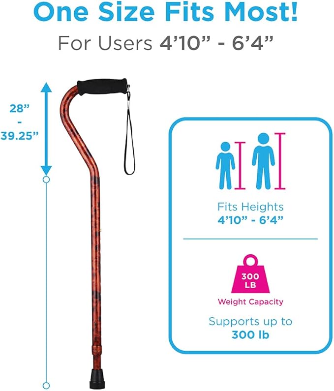Nova Joy Designer Offset Walking Cane for Seniors - Unisex Adjustable Lightweight Aid with Foam Handle, Wrist Strap and Anti-Rattle Lock - Essential Mobility Support - Mahogany Swirl