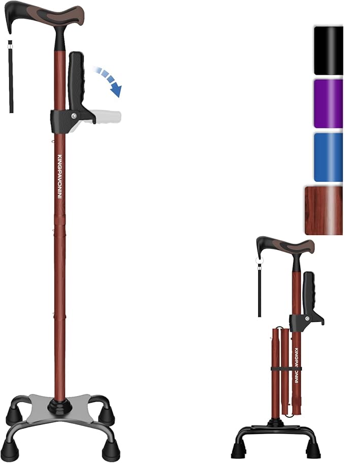 KingPavonini Walking Cane for Women/Men with Second Handle, Foldable & Adjustable Quad Cane with 4-Pronged Base for Standing, Lightweight Walking Aid for Seniors & Adults