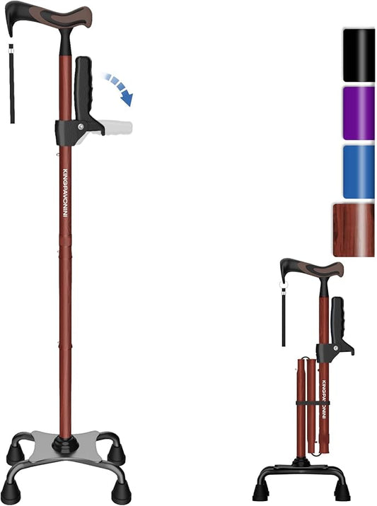 KingPavonini Walking Cane for Women/Men with Second Handle, Foldable & Adjustable Quad Cane with 4-Pronged Base for Standing, Lightweight Walking Aid for Seniors & Adults
