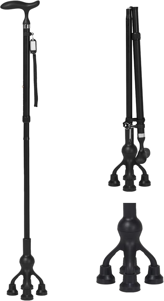 Careboda Foldable Walking Cane, Walking Cane with Adjustable Height, Folding Cane with T-Handle, Free Standing Cane for Seniors & Adults, Mobility and Daily Living Aids, Supports up to 300 lbs, Black