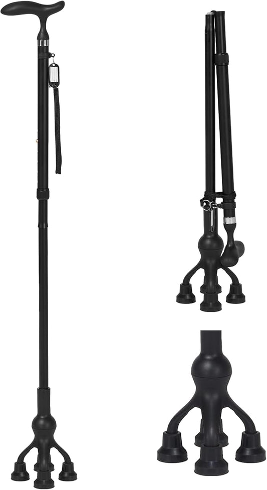 Careboda Foldable Walking Cane, Walking Cane with Adjustable Height, Folding Cane with T-Handle, Free Standing Cane for Seniors & Adults, Mobility and Daily Living Aids, Supports up to 300 lbs, Black