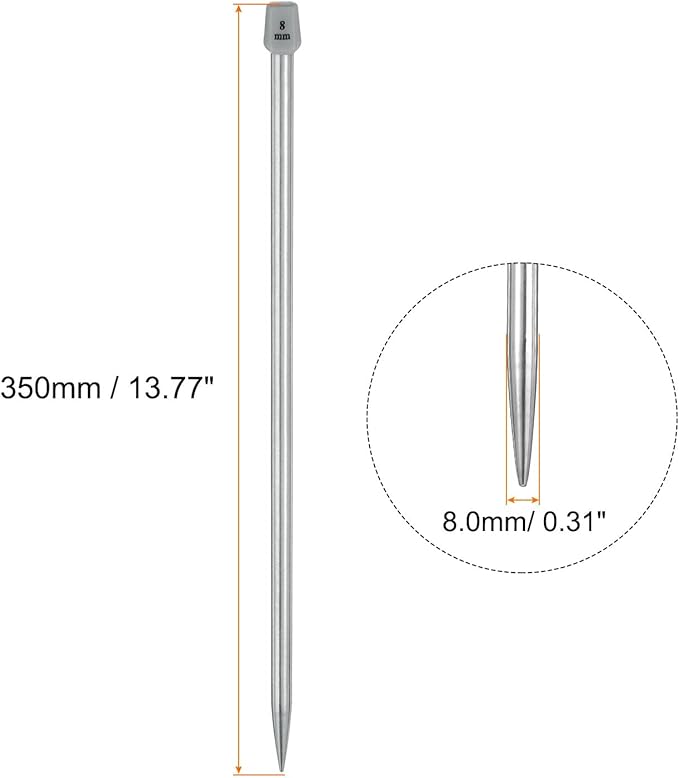 uxcell 2Pcs 8mm(L) Single Pointed Knitting Needles Stainless Steel 13.8 Inches Length Metal Weaving Tool for Handmade Projects DIY Knitting