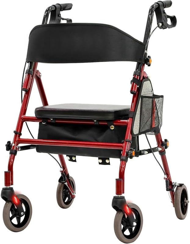 Lightweight Foldable Rollator Walkers with Seat for Seniors, 350 lb Capacity, 5-Position Adjustable Height, Premium Hybrid Rolling Walker - Aluminum and Carbon Steel (Red)