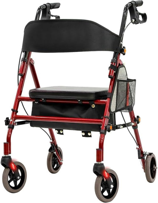 Lightweight Foldable Rollator Walkers with Seat for Seniors, 350 lb Capacity, 5-Position Adjustable Height, Premium Hybrid Rolling Walker - Aluminum and Carbon Steel (Red)