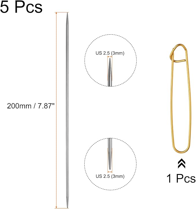 uxcell 5Pcs US 2.5(3mm) Double Pointed Knitting Needle 7.87 Inches Length Stainless Steel Sweater Stitching Needles with Stitch Holder for Handmade Projects DIY Knitting