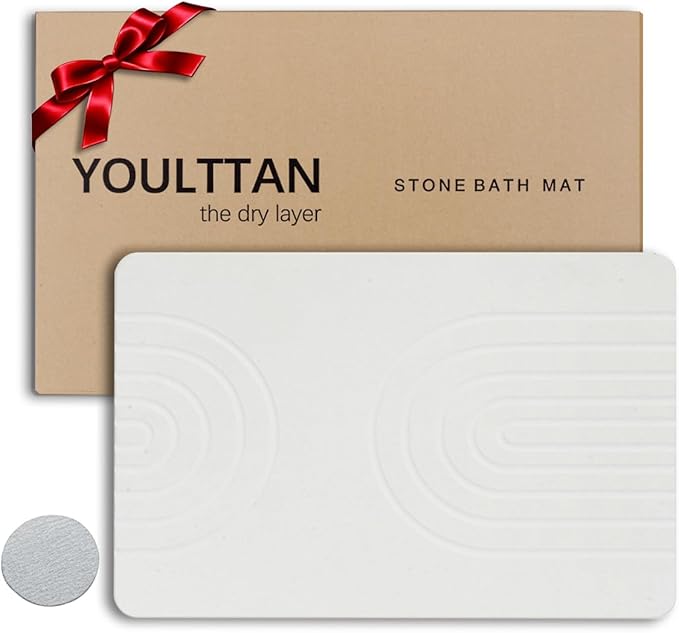 Stone Bath Mat 24"x16" - Diatomaceous Earth Shower Mat, Quick Dry, Anti-Slip, Modern Design with Bonus Non-Slip Pad - Perfect for Home Safety and Style, White,Semicircle