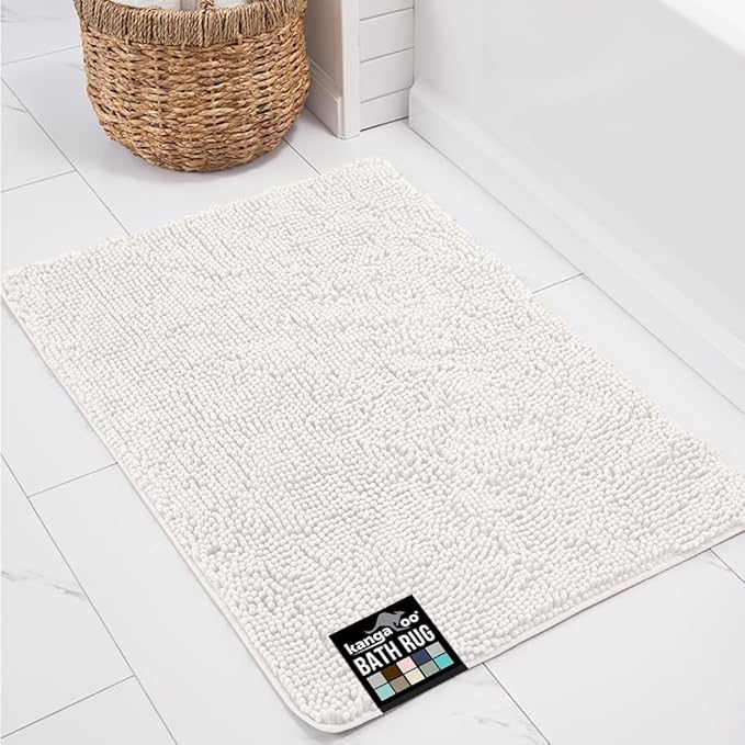 KANGAROO Bathroom Rugs, Chenille Soft Absorbent Bath Rug, Shaggy Shower Mat, Quick Dry Machine Wash Bathmat, Plush Carpet Mats for Tub, Bathtub and Room Home Decor Accessories, 42x24, White