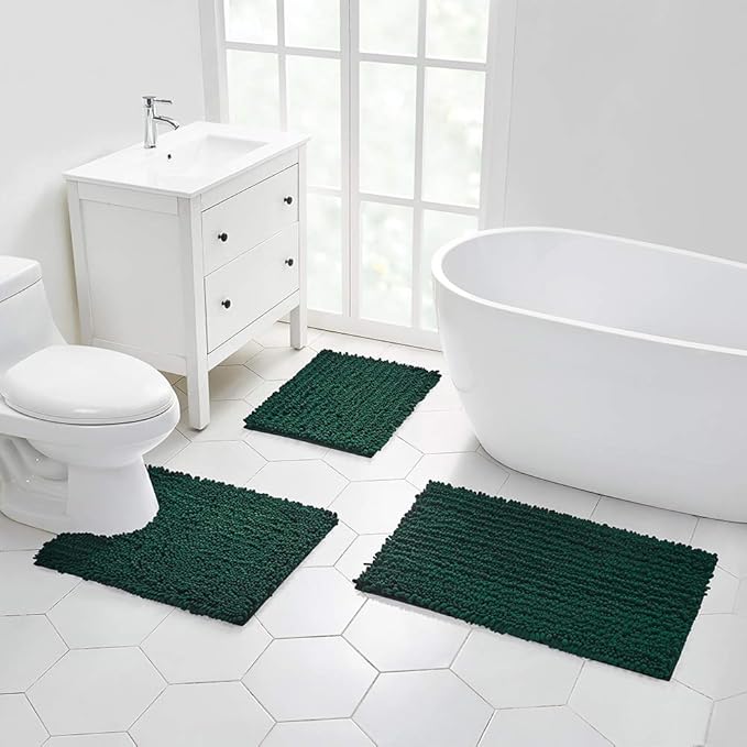 Walensee Bathroom Rug 2 Pieces Set Non Slip Bath Mat (20"x32" Plus 20"x32" Hunter Green) Water Absorbent Super Soft Shaggy Chenille Machine Washable Dry Extra Thick Perfect Carpet for Shower Floor